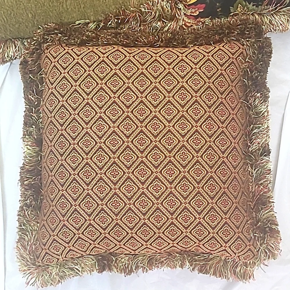 3 Matching Accent Throw Pillows Fringed Black w Floral Print 17
